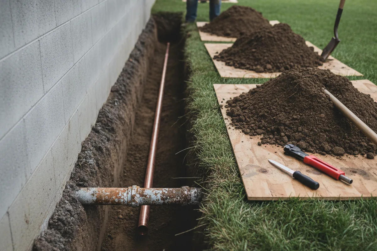 Excavated water line trench during Water Softener Installation in Centrahoma